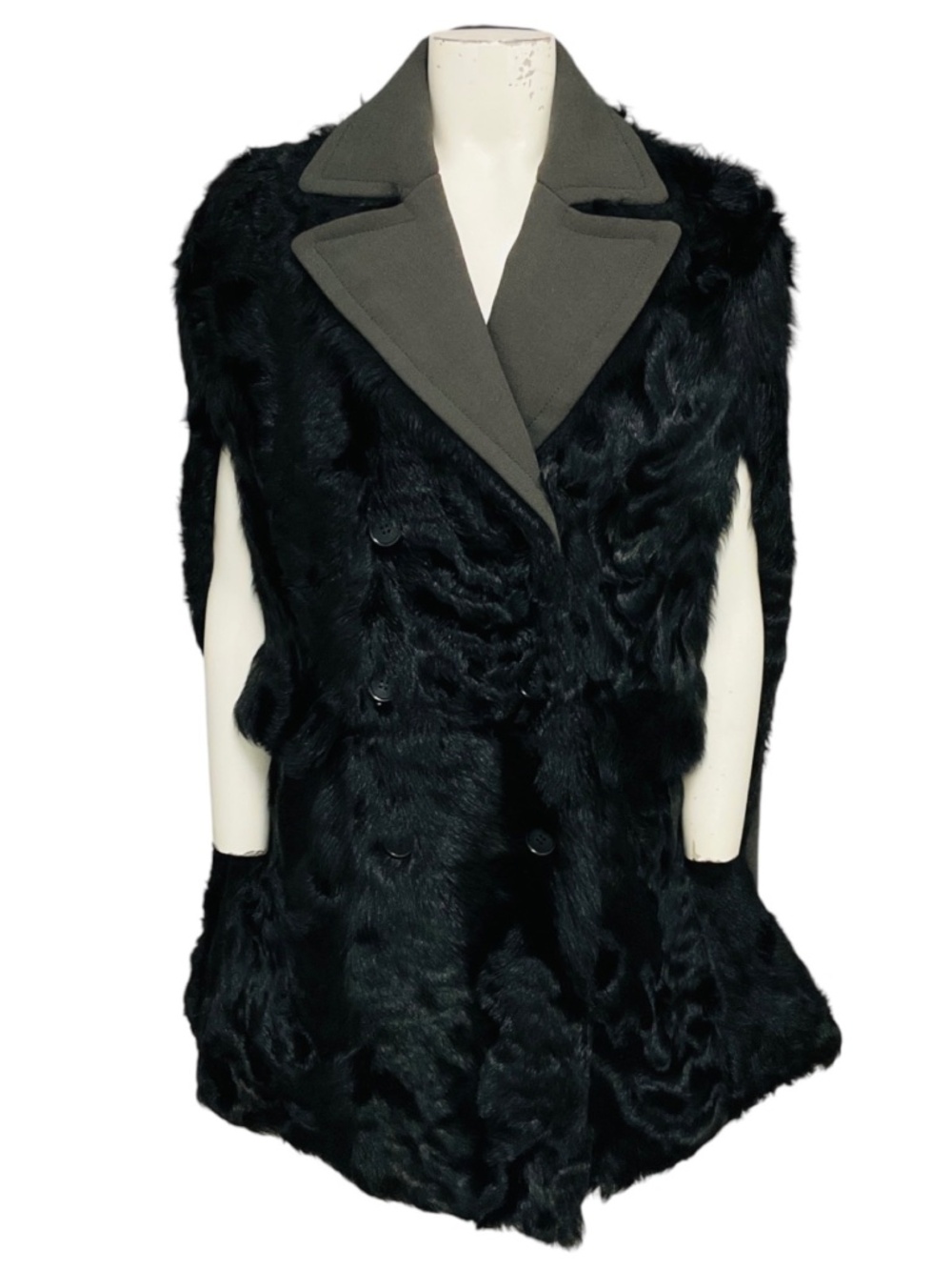 MARNI OLIVE GREEN / BLACK GOAT FUR AND WOOL CAPE